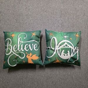 Set of 2 Christmas Pillows- "JOY" & "BELIEVE" - Green & Gold Holiday Decor